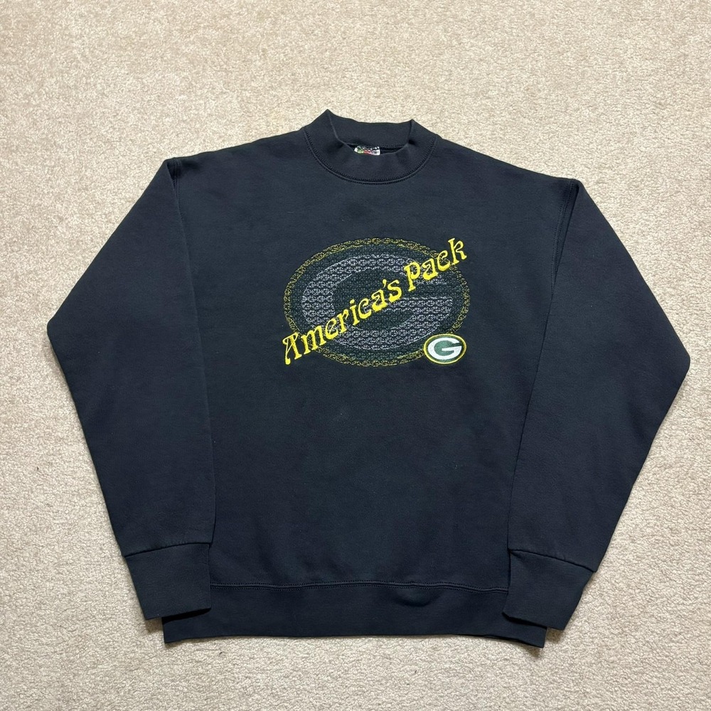 Vtg Green Bay Packers Sweatshirt Crewneck Mens Medium Black NFL Football 90s